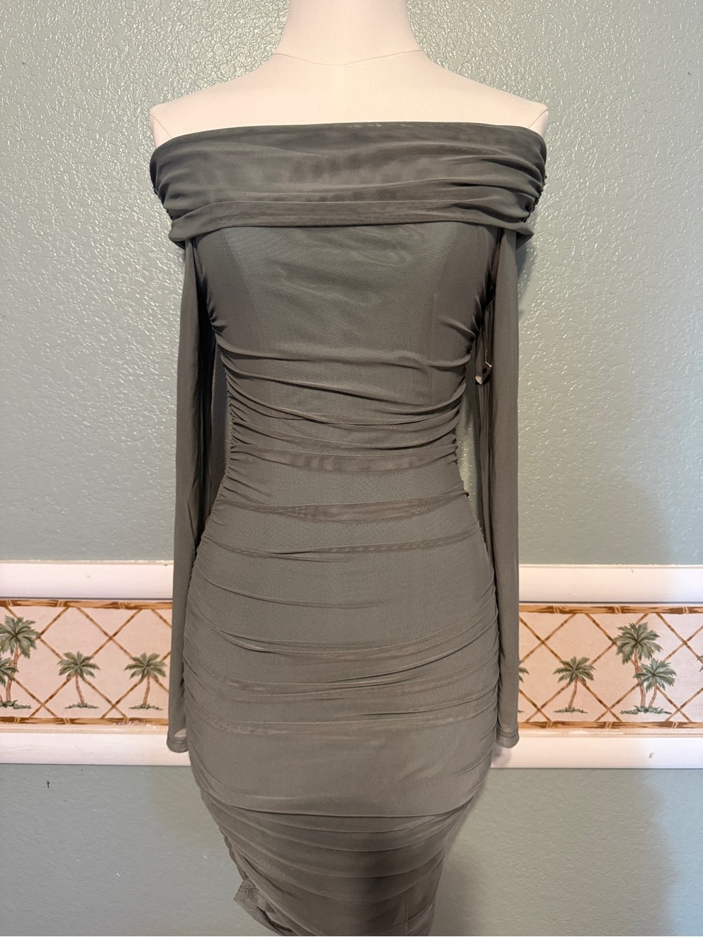 Blue Blush Olive Green Off-Shoulder Ruched Long Sleeve Dress